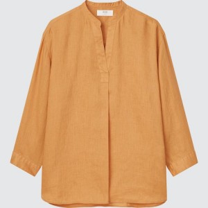 Uniqlo 100% Linen Skipper Collar 3/4 Sleeved Women's Shirts Orange | IFBAND629