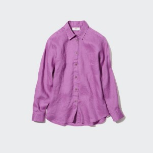 Uniqlo 100% Premium Linen Long Sleeved Women's Shirts Purple | MWOVIA641