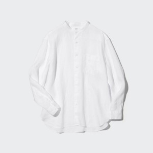 Uniqlo 100% Premium Linen Regular Fit (Grandad Collar) Men's Shirts White | CHZLOD906