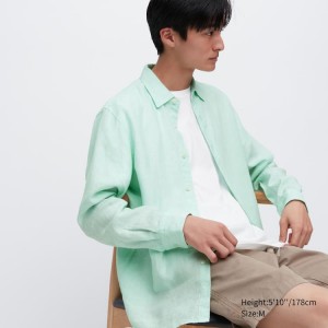 Uniqlo 100% Premium Linen Regular Fit (Regular Collar) Men's Shirts Light Green | JZKRNI869