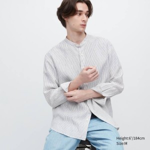 Uniqlo 100% Premium Linen Striped Regular Fit (Grandad Collar) Men's Shirts Blue | TIBYXR236