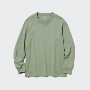 Uniqlo Airism Cotton Crew Neck Long Sleeved Men's Tops Green | MTIQRK643