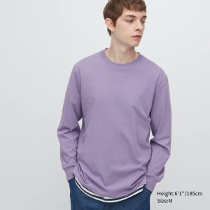 Uniqlo Airism Cotton Crew Neck Long Sleeved Men's T Shirts Purple | KCINRM215