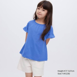 Uniqlo Airism Cotton Frill Sleeved Kids' T Shirts Blue | VKJENS014