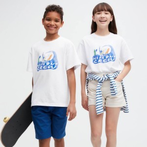 Uniqlo Airism Cotton Graphic Short Sleeved Kids' T Shirts White | OJQFXZ938