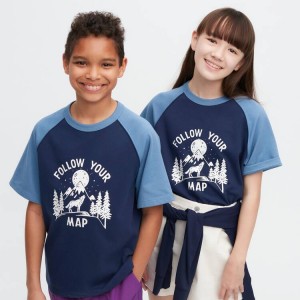 Uniqlo Airism Cotton Graphic Short Sleeved Kids' T Shirts Navy | DMZWNH056