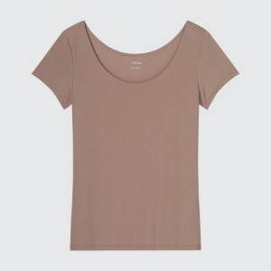 Uniqlo Airism Scoop Neck Short Sleeve Women's T Shirts Brown | HIXUPB532