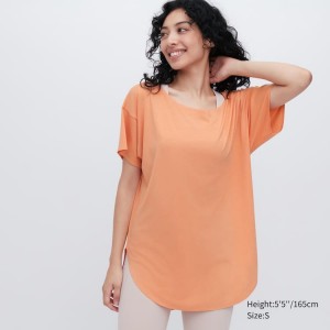 Uniqlo Airism Seamless Boat Neck Longline Short Sleeved Women's T Shirts Orange | QYGKLN258