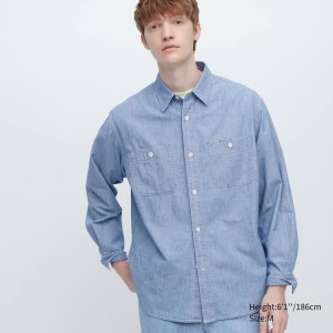 Uniqlo Chambray Regular Fit Work (Regular Collar) Men's Shirts Blue | OEBASP219