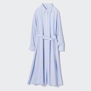 Uniqlo Cotton A-line Striped Long Sleeved Women's Dress Blue | ZSVKBT378