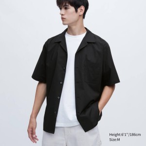 Uniqlo Cotton Blend Casual Short Sleeved (Open Collar) Men's Shirts Black | XLRPUE713