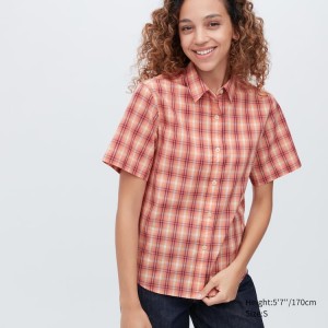 Uniqlo Cotton Checked Short Sleeved Women's Shirts Pink | JPXKQN278