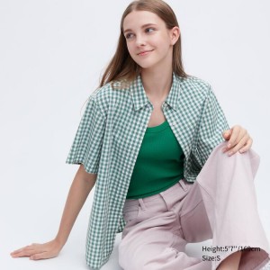 Uniqlo Cotton Checked Short Sleeved Women's Shirts Green | YXLEVA418