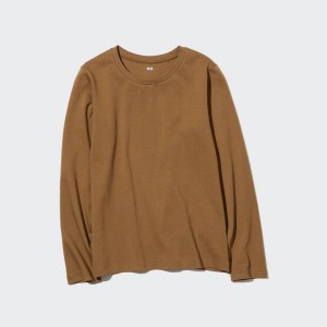 Uniqlo Cotton Crew Neck Long Sleeve Women's T Shirts Brown | ZSMFBV290