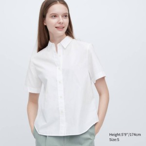 Uniqlo Cotton Short Sleeved Women's Shirts White | WDLHER532