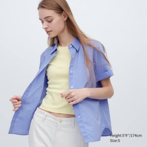 Uniqlo Cotton Short Sleeved Women's Shirts Blue | PKRUXN359