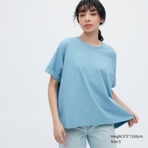 Uniqlo Cotton Sleeve Women's T Shirts Blue | YFOTDN692