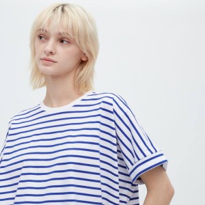 Uniqlo Cotton Striped French Sleeved Women's T Shirts White / Blue | BKICME649