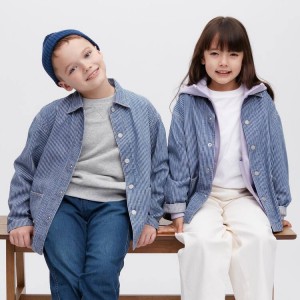 Uniqlo Denim Striped Overshirt Kids' Jackets Blue | DHEIMB692