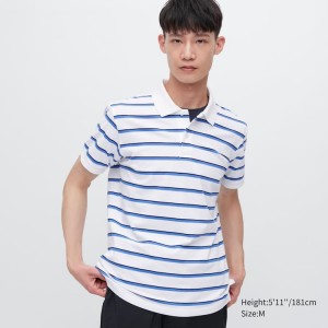 Uniqlo Dry Piqué Striped Men's Polo Shirts White | YRDBHQ298