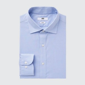 Uniqlo Easy Care Checked Stretch Slim Fit (Semi-cutaway Collar) Men's Shirts Blue | DIGJFK913