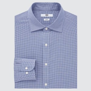 Uniqlo Easy Care Checked Stretch Slim Fit (Semi-cutaway Collar) Men's Shirts Blue | GPXQYT096