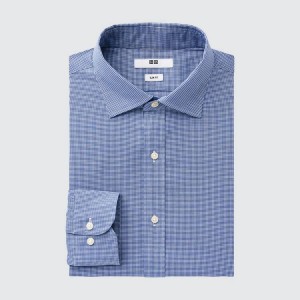 Uniqlo Easy Care Stretch Slim Fit Checked (Semi-cutaway Collar) Men's Shirts Blue | JAOYWU746