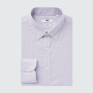 Uniqlo Easy Care Stretch Slim Fit Checked (Button-down Collar) Men's Shirts Purple | VWOJFY720