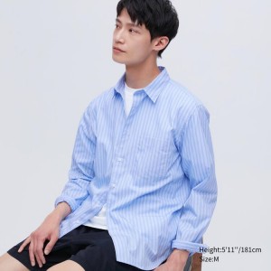 Uniqlo Extra Fine Cotton Broadcloth Regular Fit Striped Men's Shirts Blue | QWKSTZ934