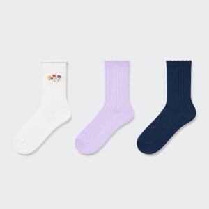 Uniqlo Flower Print Regular (Three Pairs) Kids' Socks White / Purple / Navy | OWYTHF581