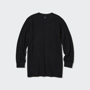 Uniqlo Heattech Extra Warm Cotton Waffle Crew Neck Long Sleeved Thermal Men's Tops Black | GRWSYF260