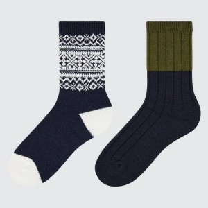 Uniqlo Heattech Fair Isle Print (Two Pairs) Kids' Socks Navy / White / Green | FQWHOL314