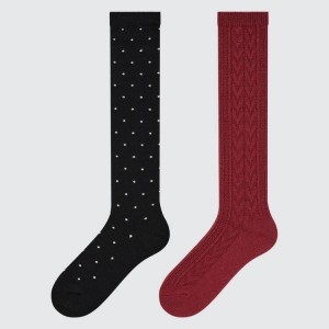 Uniqlo Heattech Knee High Dotted (Two Pairs) Kids' Socks Black / Red | FPLGBY158