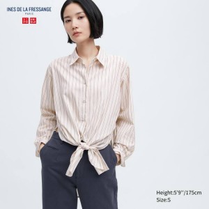 Uniqlo Ines De La Fressange Cotton Silk Blend Oversized Long Sleeved Women's Shirts Beige | YASEBI297