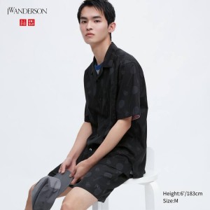 Uniqlo Jw Anderson Casual Printed Short Sleeved (Open Collar) Men's Shirts Black | VKSCFB147