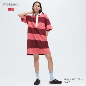 Uniqlo Jw Anderson Striped Polo Short Sleeved Women's Dress Pink | HDXKYM582