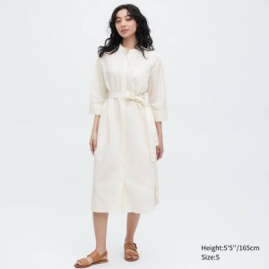 Uniqlo Linen Blend 3/4 Sleeved Women's Dress White | IOWZTY715