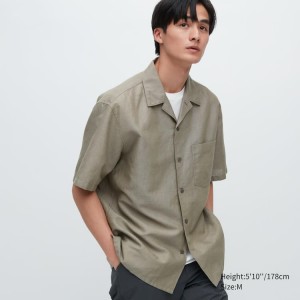 Uniqlo Linen Blend Short Sleeved (Open Collar) Men's Shirts Olive | YSJDOP890