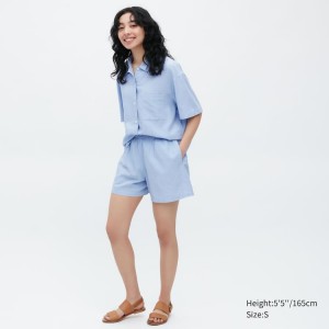 Uniqlo Linen Blend Short Sleeved Set Women's Loungewear Blue | OTXECR380