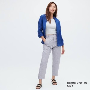 Uniqlo Linen Cotton Blend Striped Tapered Women's Trousers Blue | TFCVDO596