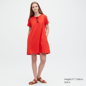 Uniqlo Mercerised Cotton Short Sleeved Mini Women's Dress Red | ZFQITX692