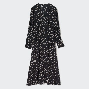 Uniqlo Printed V Neck Flared Long Sleeved Women's Dress Black | PRIQJU547