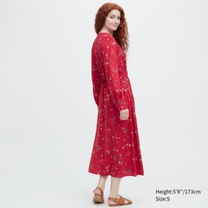 Uniqlo Printed V Neck Flared Long Sleeved Women's Dress Red | DTFUWE234