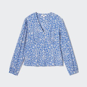 Uniqlo Printed V Neck Long Sleeved Women's Blouse Blue | EUITOQ396