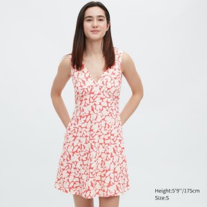 Uniqlo Printed V Neck Sleeveless Mini Women's Dress Red | XJQZDV043