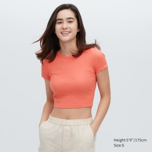 Uniqlo Ribbed Cropped Crew Neck Women's T Shirts Orange | CQRBHX027