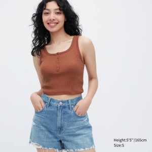 Uniqlo Ribbed Henley Neck Cropped Women's Tops Brown | BDKMLC972