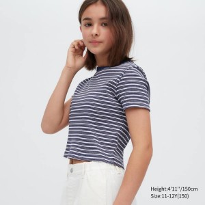 Uniqlo Ribbed Striped Cropped Kids' T Shirts Blue | GPMTKS615