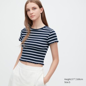 Uniqlo Ribbed Striped Frill Short Sleeved Women's T Shirts Navy | LHCJZW809