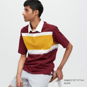 Uniqlo Rugger Striped Short Sleeved Men's Polo Shirts Burgundy | XCVDUI208